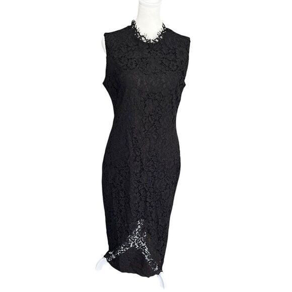 Shoshanna Midnight Black Eyelash Floral Lace Midi Dress • Size 8 • High Neck / S - Picture 2 of 10